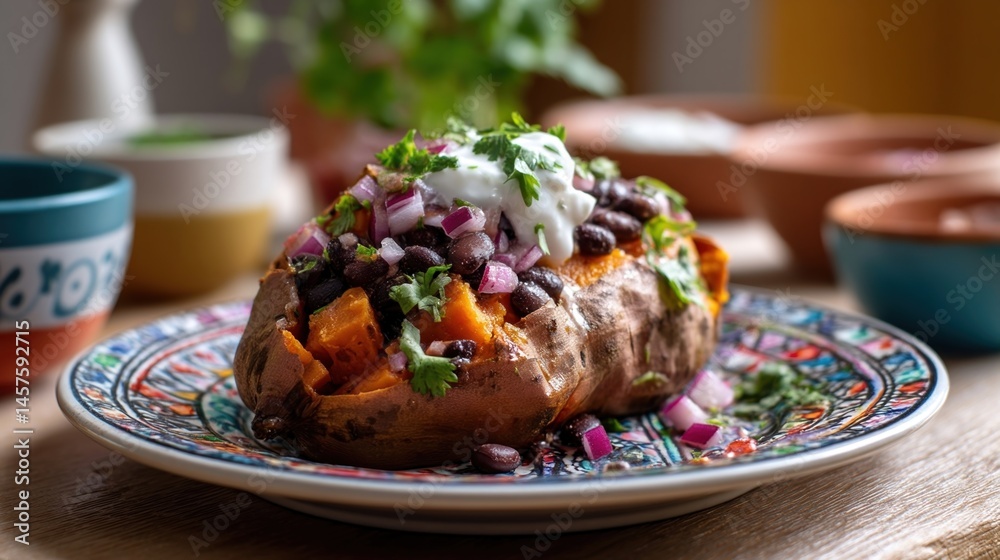 A baked sweet potato stuffed with black beans diced red onion and cilantro topped with a dollop of Greek yogurt and served on a colorful ceramic plate.