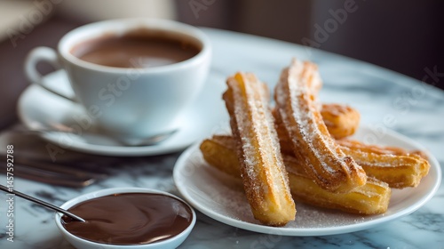 Delicious, sugar-coated churros with hot chocolate, perfect for enjoying a sweet treat.
