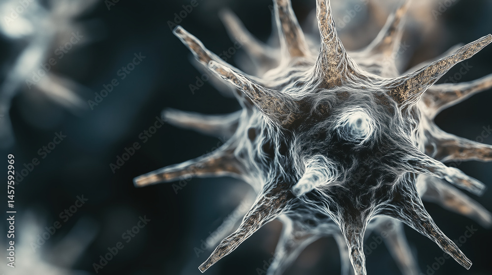 Close-up of spiky virus particle under electron microscope on dark background, perfect for scientific visuals, healthcare research, and medical educational materials