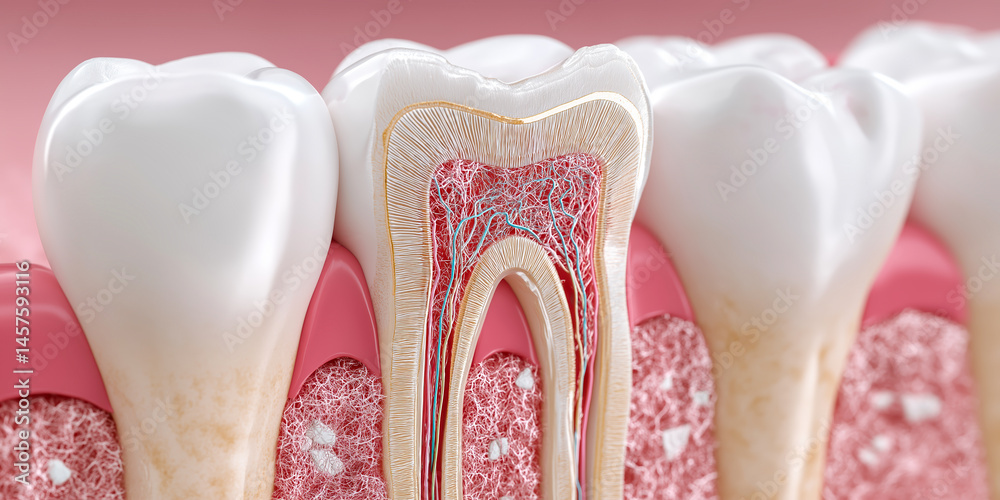 Detailed cross-section illustration of human tooth showing nerve structure and enamel, perfect for dental education, oral health campaigns, and scientific visuals