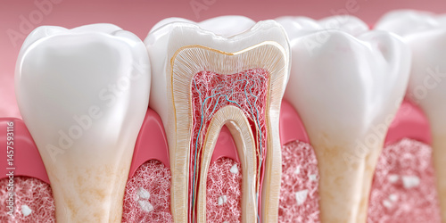 Obraz na płótnie Detailed cross-section illustration of human tooth showing nerve structure and enamel, perfect for dental education, oral health campaigns, and scientific visuals w salonie