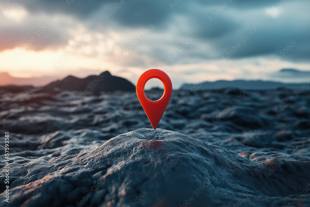 Red location pin icon placed dramatically over rough volcanic landscape at dusk, perfect for mapping visuals, travel advertising, and geolocation service campaigns
