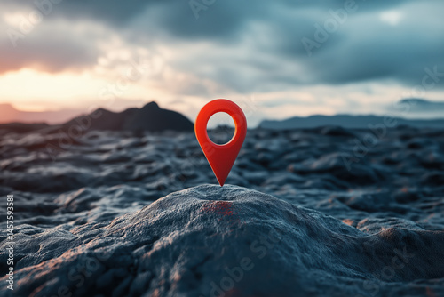Obraz na płótnie Red location pin icon placed dramatically over rough volcanic landscape at dusk, perfect for mapping visuals, travel advertising, and geolocation service campaigns w salonie