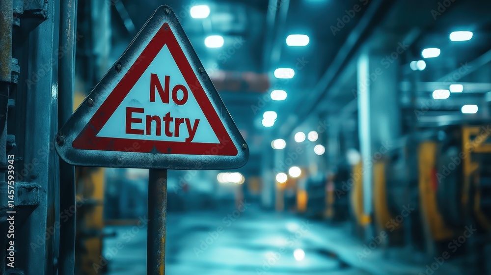 Industrial warning sign with No Entry message in dimly lit factory interior, ideal for safety campaigns, industrial hazard communication, and workplace visuals