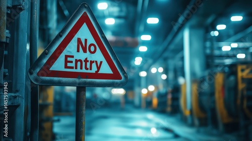 Obraz na płótnie Industrial warning sign with No Entry message in dimly lit factory interior, ideal for safety campaigns, industrial hazard communication, and workplace visuals w salonie