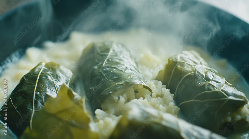 Obraz premium Sarma grape leaves stuffed rice and minced meat yogurt close up view