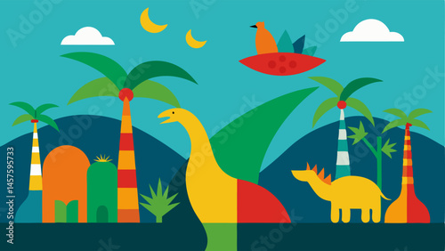 Biodiversity Threats A colorful depiction of various flora and fauna being rep by a uniform row of palm oil trees indicating the reduction in biodiversity.