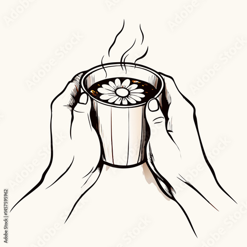 Hands holding a steaming mug of chamomile tea with flower  