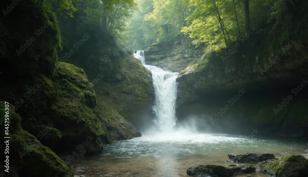 Fototapeta premium A peaceful summer forest scene with a sparkling waterfall flowing over moss-covered rocks, mist in the air, and dappled sunlight shining through the trees.