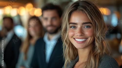 Successful Businesswoman Confident Portrait Attractive Female Leader Smiling Happy Team Corporate Professional Executive Manager  Modern Office Workplace Background Job Goal Smile 