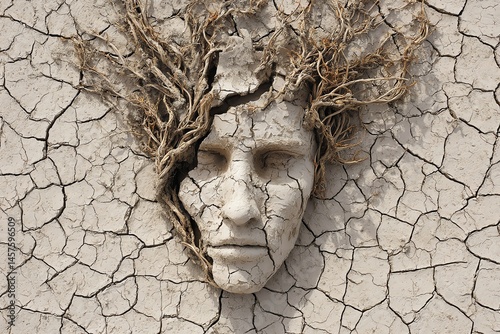 surreal clay sculpture of a human face merging with cracked desert soil, hair transforming into dried vines and roots, conceptual environmental art
