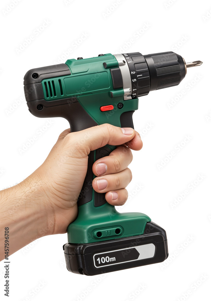 Close-up view of a person holding a green cordless electric drill. Ideal for construction, DIY, and home improvement concepts Close-up view of a person holding a green cordless electric drill. Ideal for construction, DIY, and home improvement concepts