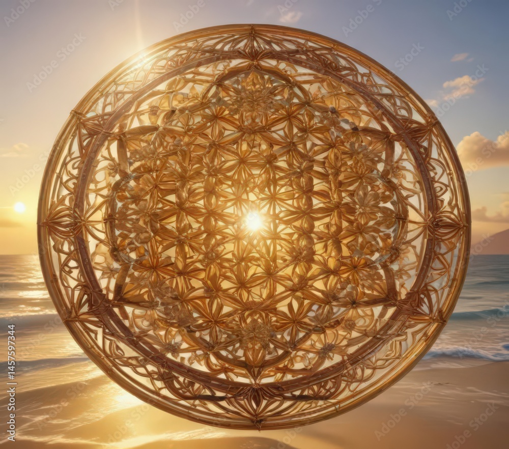 Obraz premium Golden hour sun rays illuminate a sea-borne Flower of Life mandala , graphic, evening, abstract