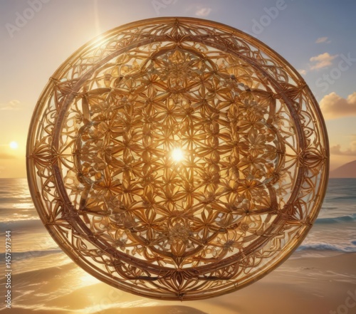 Golden hour sun rays illuminate a sea-borne Flower of Life mandala ,  graphic,  evening,  abstract