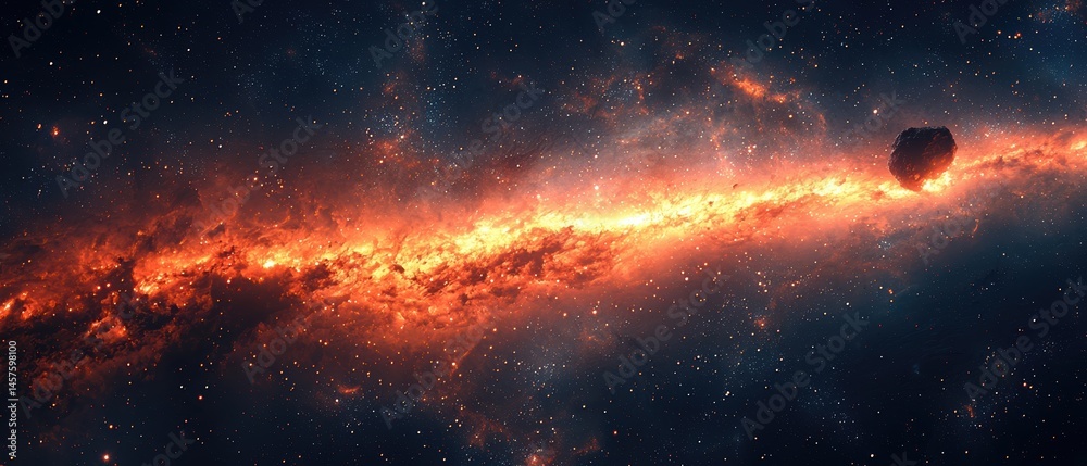 Obraz premium Fiery Nebula and Asteroid in Deep Space