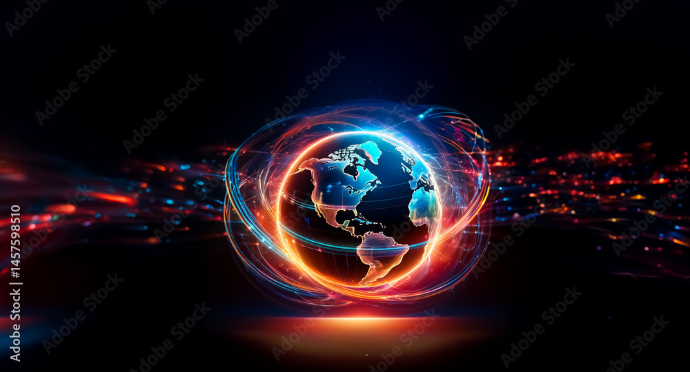 Obraz premium A glowing, vibrant Earth encircled by swirling, neon energy, set against a dark, futuristic backdrop. The image evokes themes of global connection and technological advancement.