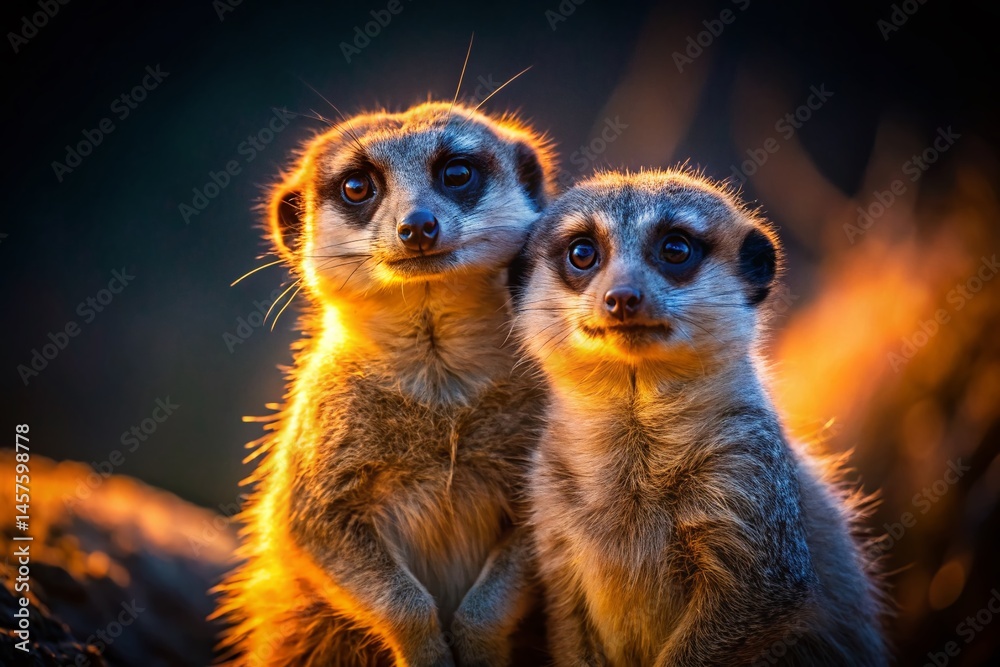Fototapeta premium Adorable Meerkat Couple at Night: Low Light Wildlife Photography