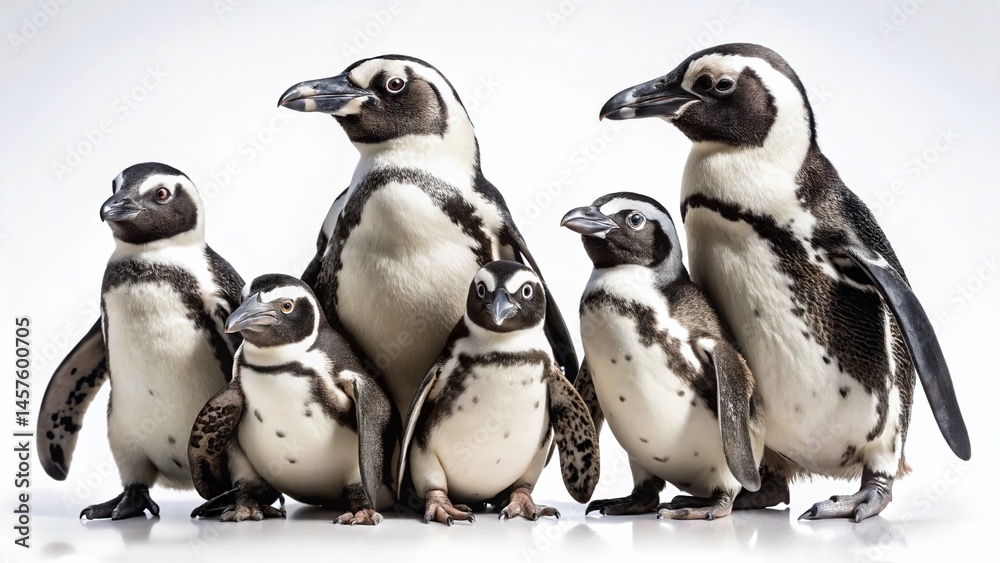 Obraz premium Adorable South African Penguin Family Portrait: Wildlife Zoo Animals Standing & Lying, Isolated on White