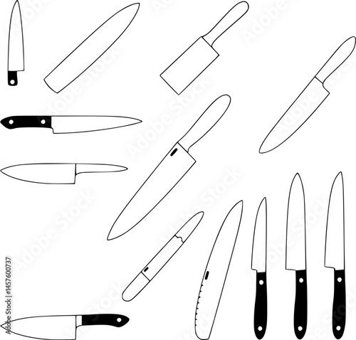 Minimalist Black and White Kitchen Knife Silhouette Set  Professional Culinary Vector Illustration
