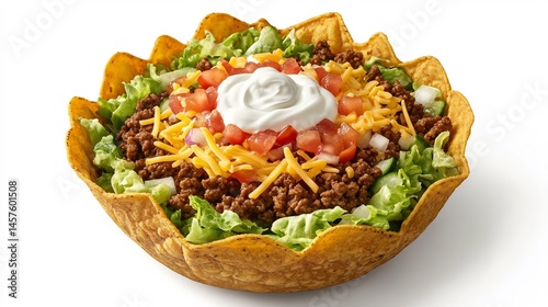 Taco salad lettuce ground beef cheese salsa and sour cream crispy tortilla bowl top down view