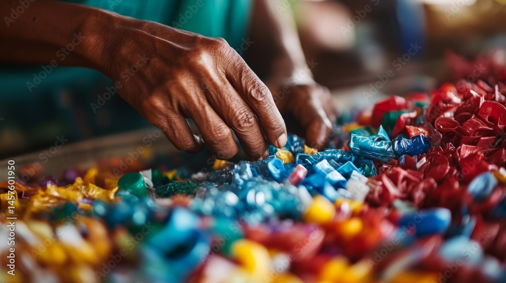 close-up of hands sorting plastic for recycling, soft focus close-up of hands sorting plastic for recycling, soft focus