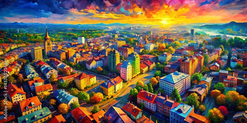 Fototapeta premium Aerial Cityscape: Expressionist Painting Style, Vibrant Colors, Bold Brushstrokes