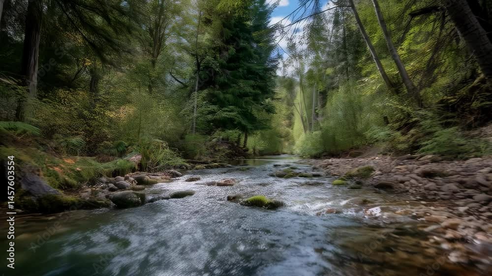Calm river flows between banks lined with trees in a serene and peaceful forest environment on a bright day Calm river flows between banks lined with trees in a serene and peaceful forest environment on a bright day