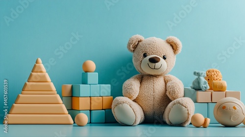 Pastel Playtime: Teddy Bear and Stacking Toys on Blue Background
