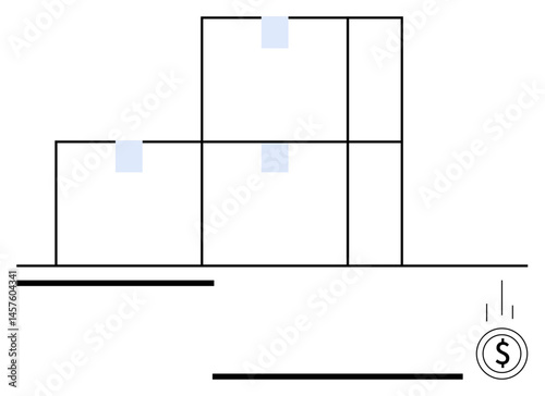 Three stacked boxes with labels symbolize inventory and logistics dollar coin signifies financial transactions. Ideal for supply chain, delivery, e-commerce, sales, shipping, finance, simple landing