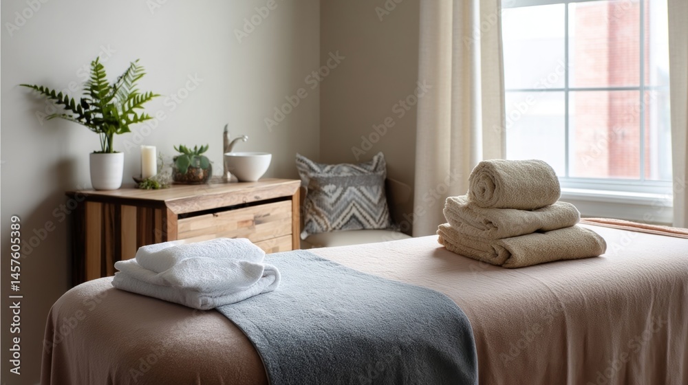 A neatly arranged massage corner with a massage table draped in soft linens surrounded by calming decor and a stack of fluffy towels.