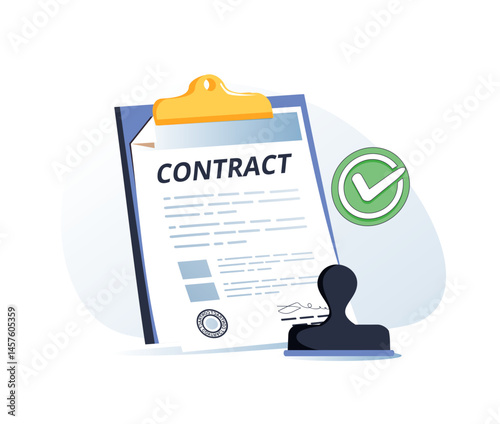 Signed business contract agreement on desk.. New regulation concept, document with an approval stamp. Implementation and approval of new policies, rules, business, legal, compliance, law, policy
