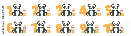 Cute panda character, cake and number from 1 before 10 vector set. Beautiful elements for Kids Birthday Party invitation, greeting card, poster, event, prints and cake toppers design