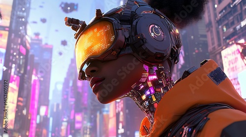 Cyberpunk woman in futuristic city, with augmented reality visor and tech-enhanced body