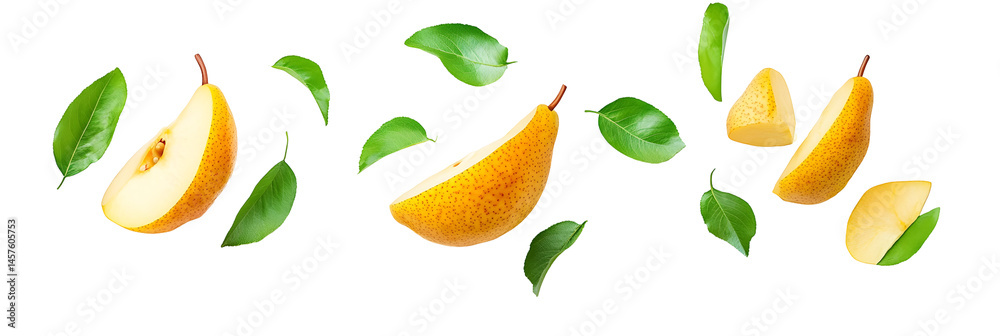 Arrangement of sliced pears with verdant leaves isolated against a solid backdrop Arrangement of sliced pears with verdant leaves isolated against a solid backdrop