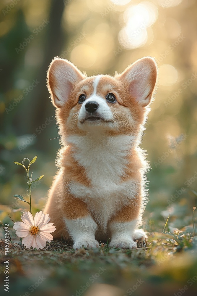 Puppy sitting in forest, looking up, sunlight Puppy sitting in forest, looking up, sunlight