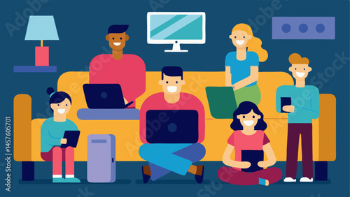 Crowded Living Room A living room filled with friends and family eagerly watching a variety of devices smartphones tablets laptops with a small TV in the background being ignored.