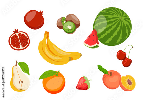 Fruits or berries hand drawn cartoon set. Sliced lemon orange apple pear, watermelon peach papaya fig, pineapple dragon