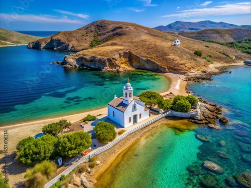 Aerial Drone View: Turquoise Double Beach & Church, Flabouria, Kythnos, Greece