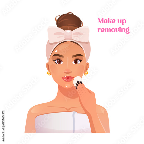 Pretty woman with sponge in hand removing her glam makeup. Skincare routine.
