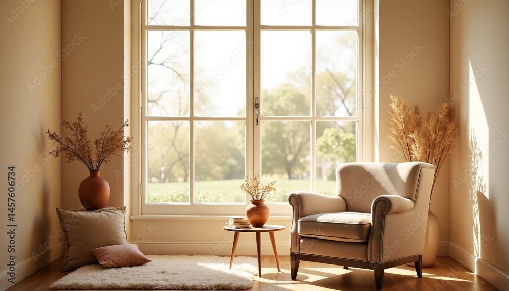 Fototapeta premium A room with a chair and a vase on a table