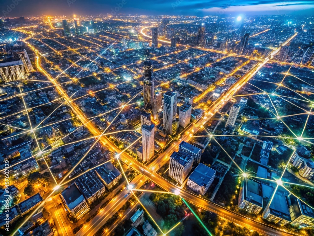 Obraz premium Aerial Night View: Illuminated Metropolis Skyline, City Lights, Urban Landscape, Night Cityscape, Glowing City