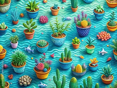 Aerial Ocean Doodle Plant Pot Pattern Background Stock Photo