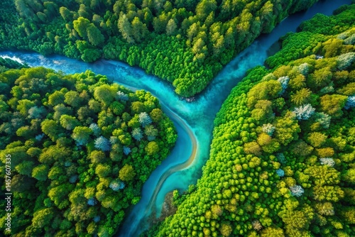 Aerial Organic Line Art Nature Illustration: Birds-Eye View of  Flowing River and Lush Forest