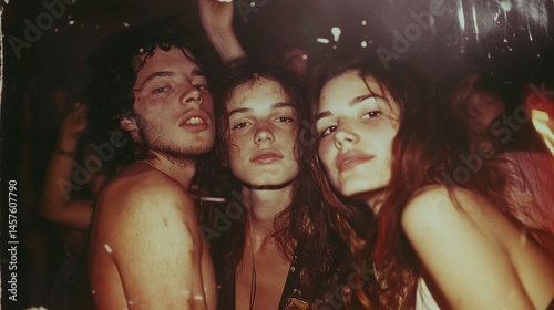 polaroid of friends at a grunge concert in 1994, gritty colors