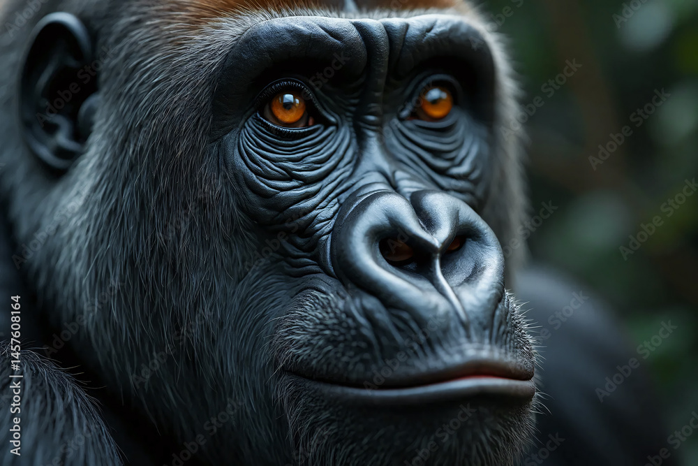 Fototapeta premium Portrait of wild gorilla close-up. Limited depth of field.