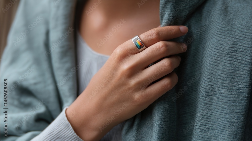 Close up of a woman's hand gently touching a colorful enamel ring on her finger, showcasing the intricate design and craftsmanship of the jewelry piece