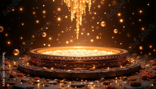 A golden pedestal with a lot of sparkles on it