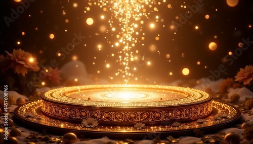 A golden stage with a spotlight shining on it