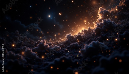 A dark sky with a bright orange star in the middle