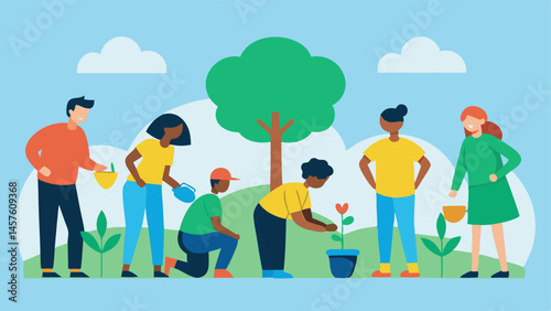 A diverse group of people engaging in a community activity like planting trees or volunteering depicting shared belonging.